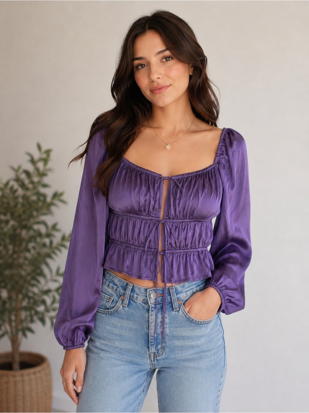 Mixed Threads Purple Satin Milkmaid Long Sleeve Cottage Romantic Blouse Medium
